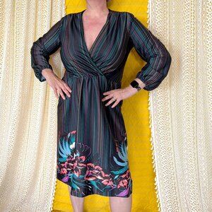 Vintage 70s Faux Wrap Disco Floral Midi Dress - Size 14